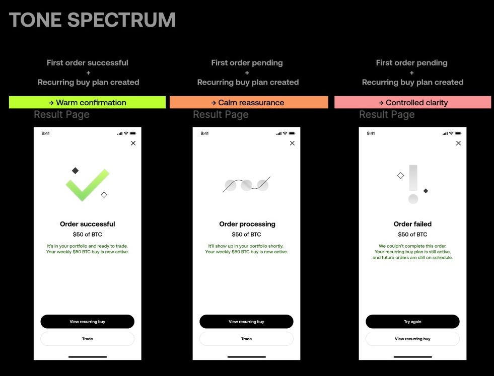 Full three-state voice and tone guideline: green warm confirmation, orange calm reassurance and red controlled clarity