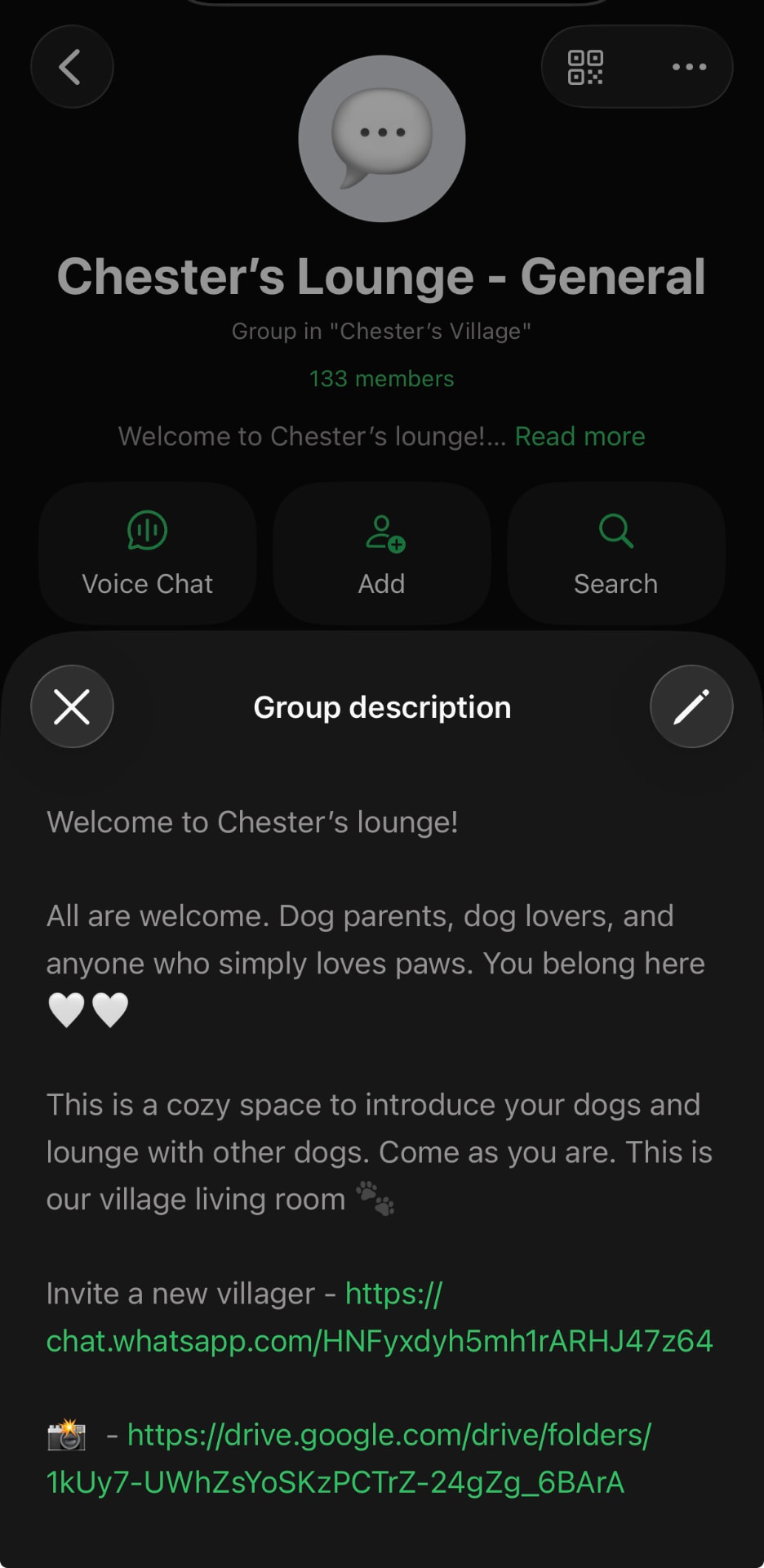 Chester's Lounge WhatsApp group and its welcome description