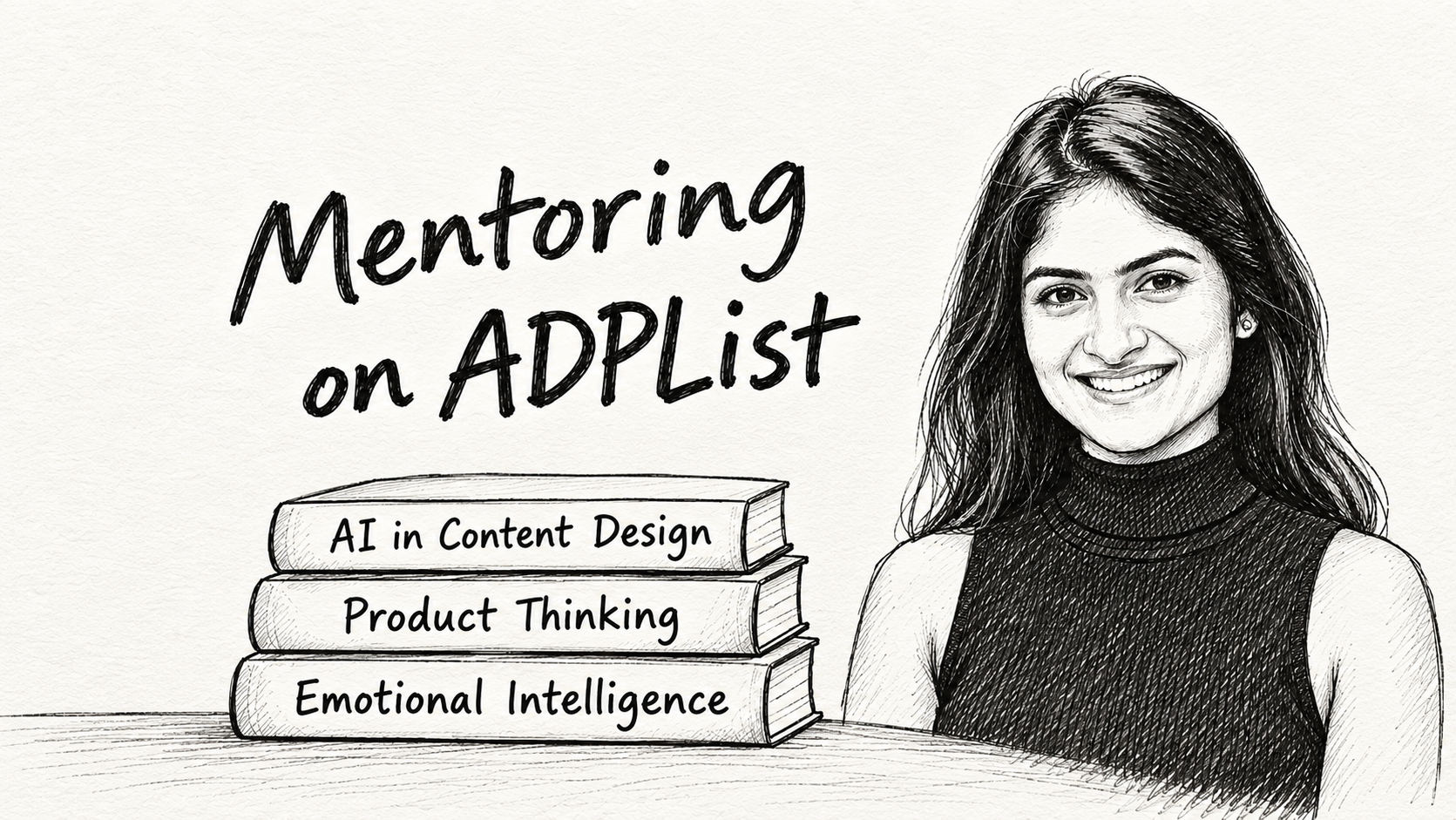 Hand-drawn illustration of Sonal beside a stack of books labeled AI in Content Design, Product Thinking, and Emotional Intelligence, with the words Mentoring on ADPList