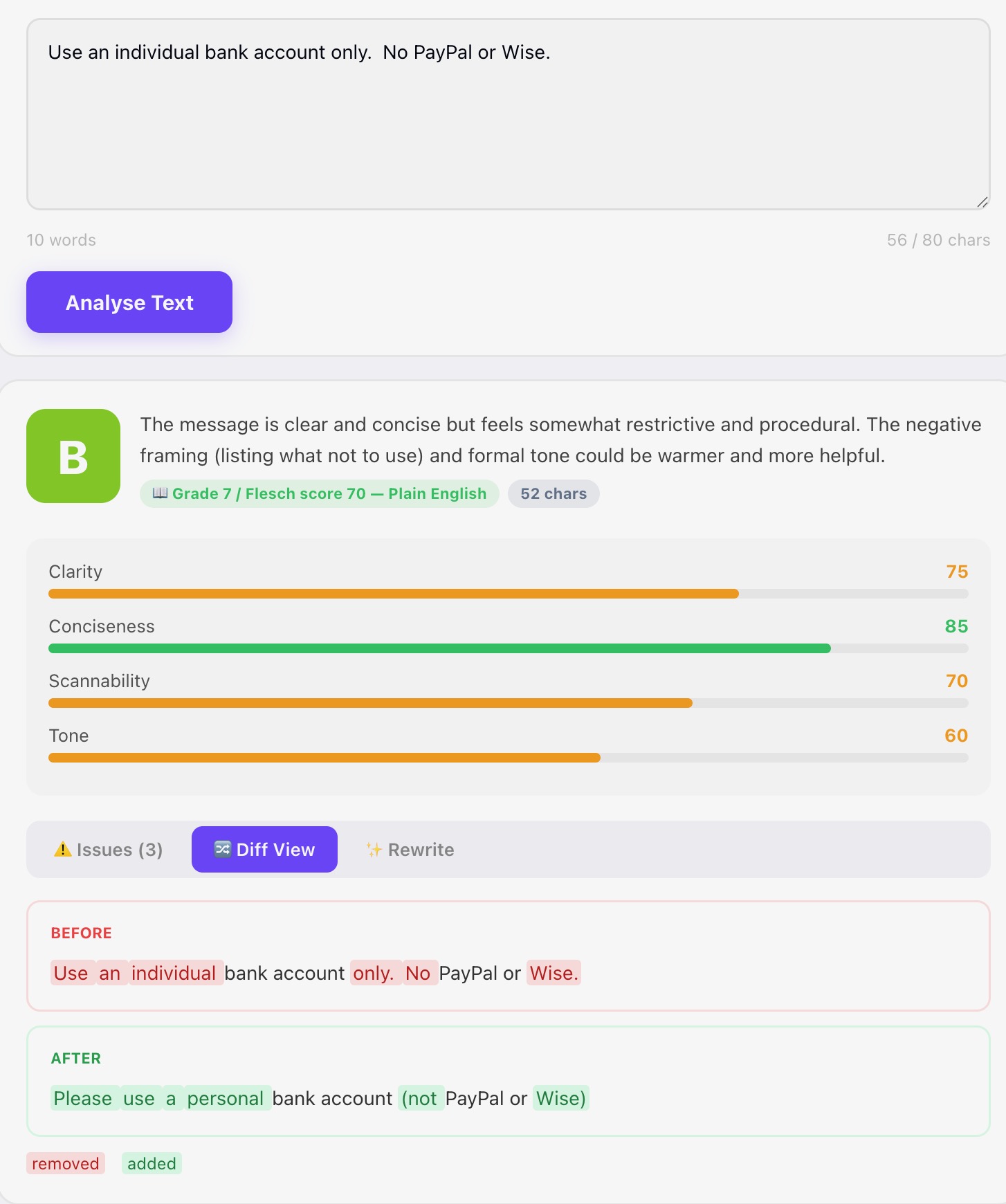 Analyzer input, clarity scores and suggested rewrite