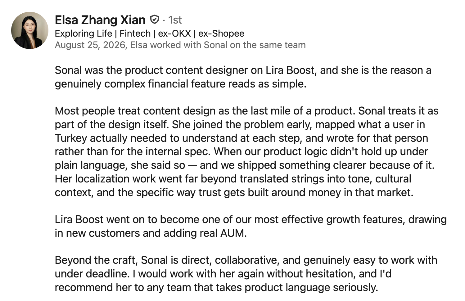 LinkedIn recommendation from Elsa Zhang Xian, PM on Lira Boost, praising Sonal's content design work