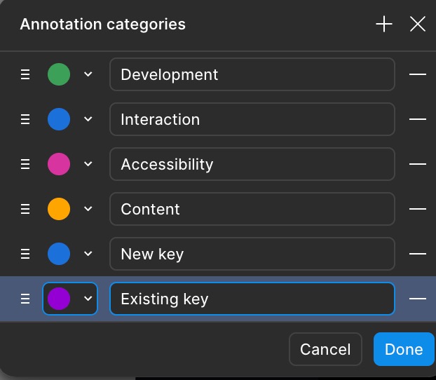 Design annotation categories for development, interaction, accessibility, content, new keys and existing keys