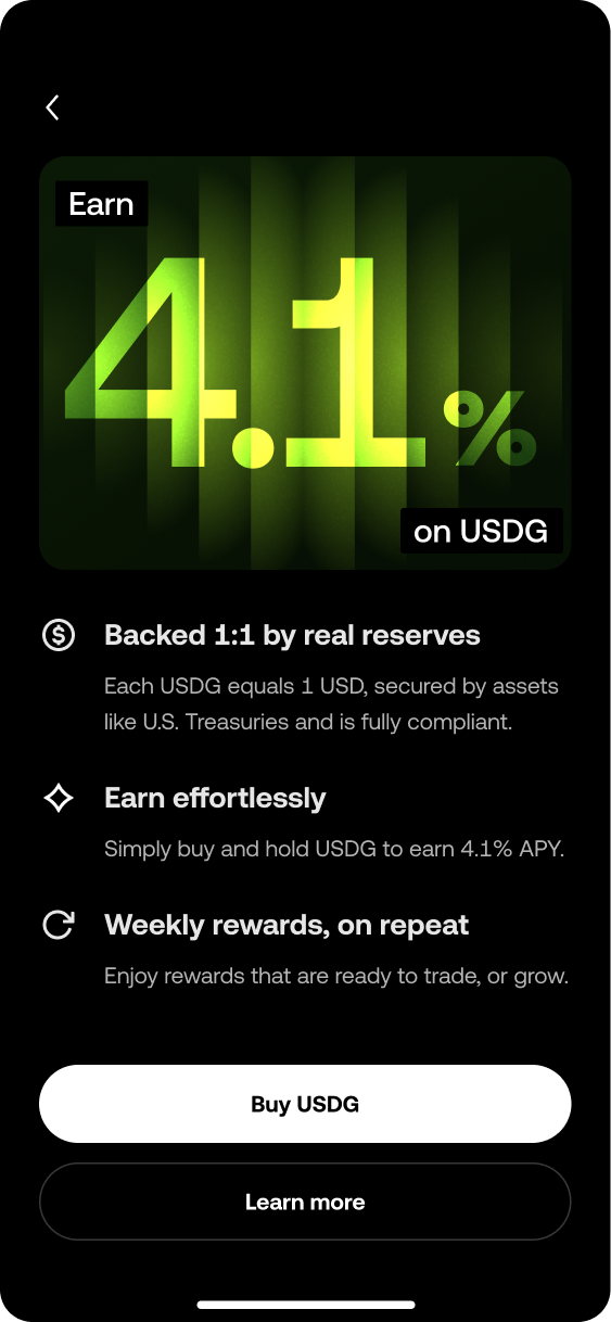USDG rewards earn screen showing 4.1% APY and reserve backing