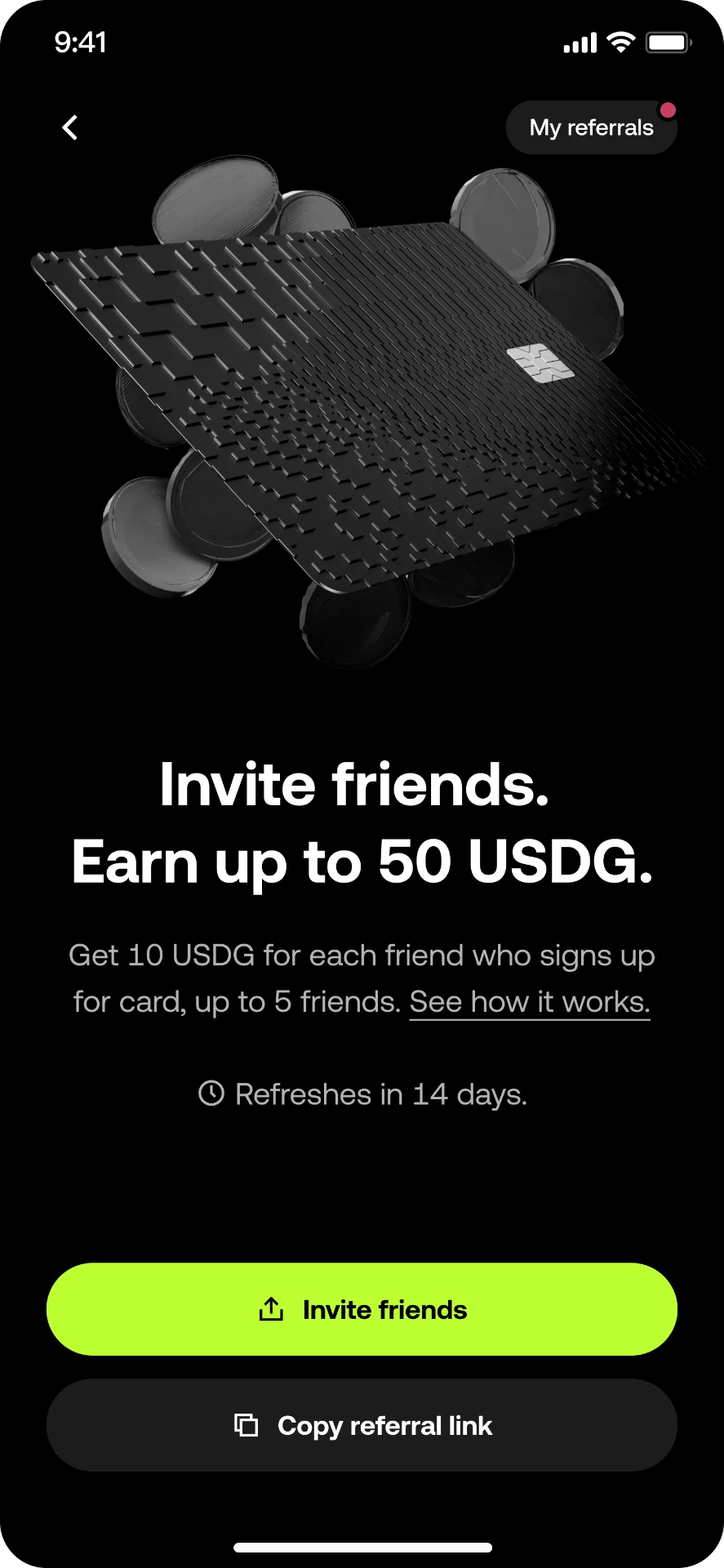 OKX Card referral screen: Invite friends, earn up to 50 USDG