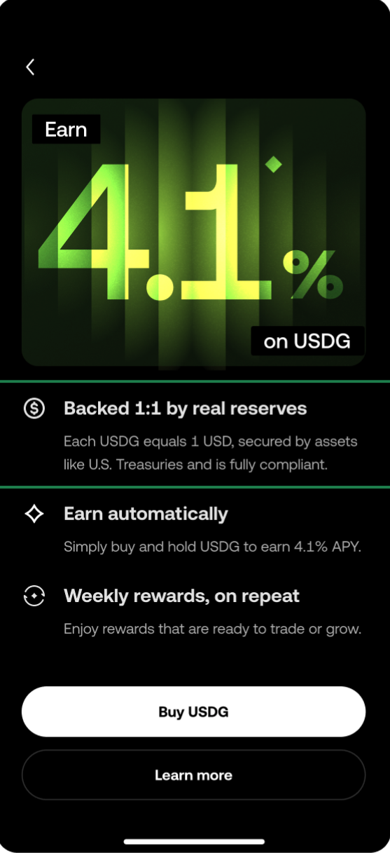 After: USDG earn screen leading with “Backed 1:1 by real reserves”
