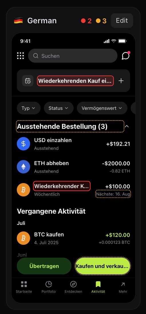 German activity screen with annotated truncated recurring-buy labels and crowded text