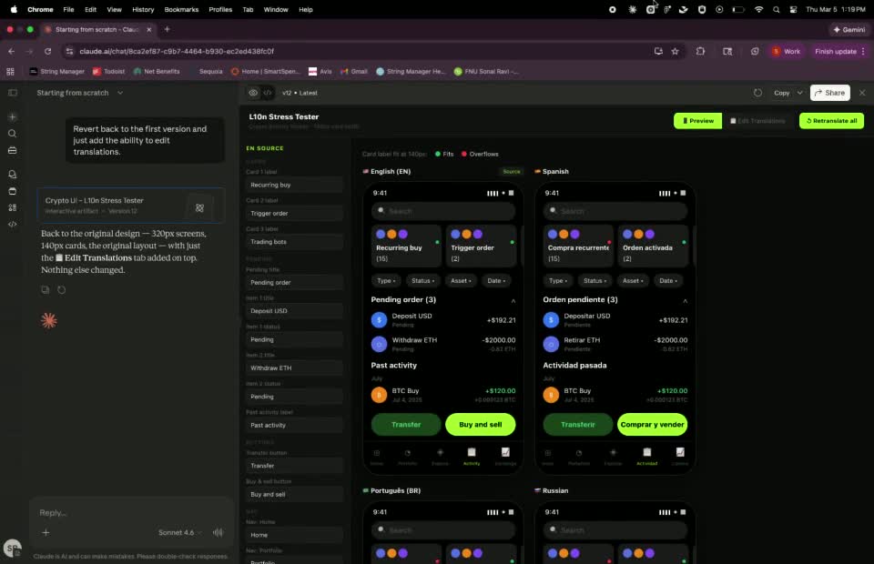 Translation visualizer showing localized copy in the design