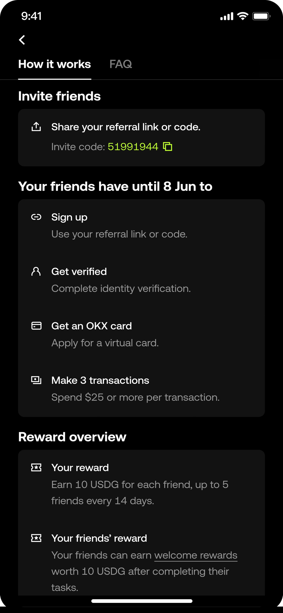 How it works screen listing the steps a friend must complete