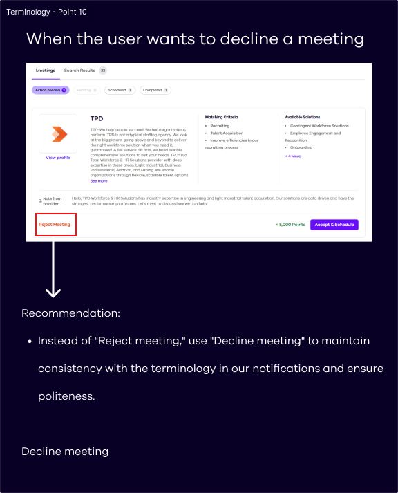 Audit recommendation changing a button from “Reject Meeting” to “Decline meeting” for terminology consistency