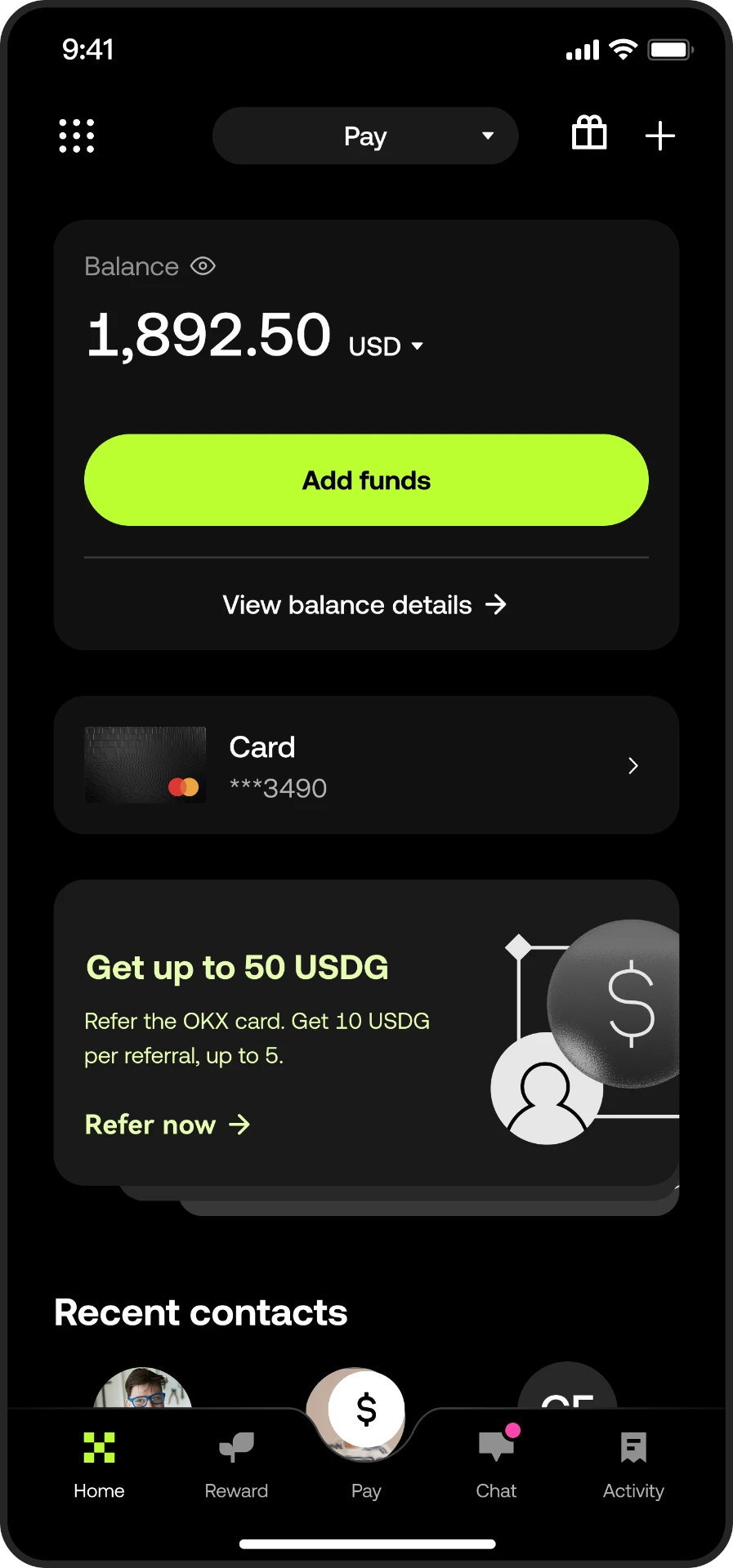 OKX Pay home screen with the referral entry point