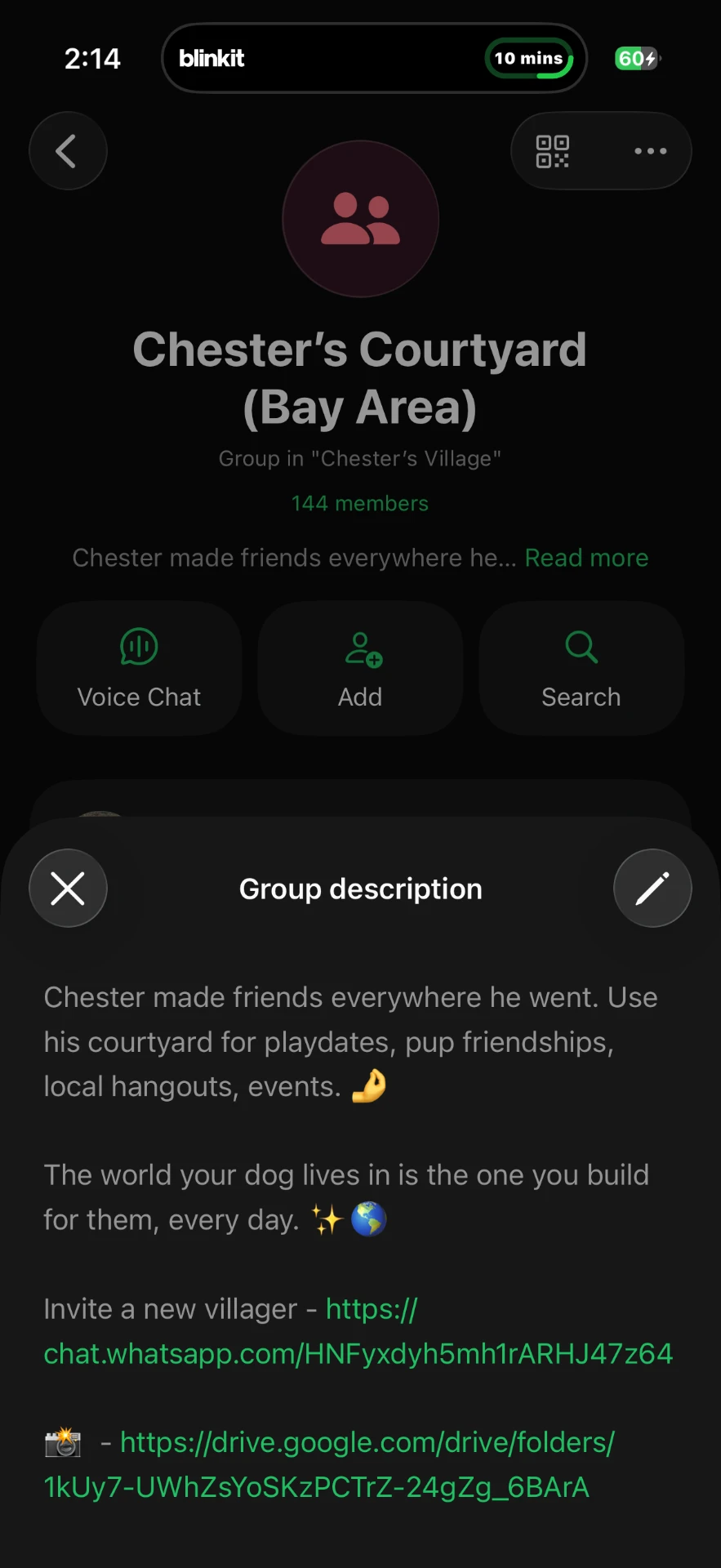 Chester's Courtyard WhatsApp group and its description
