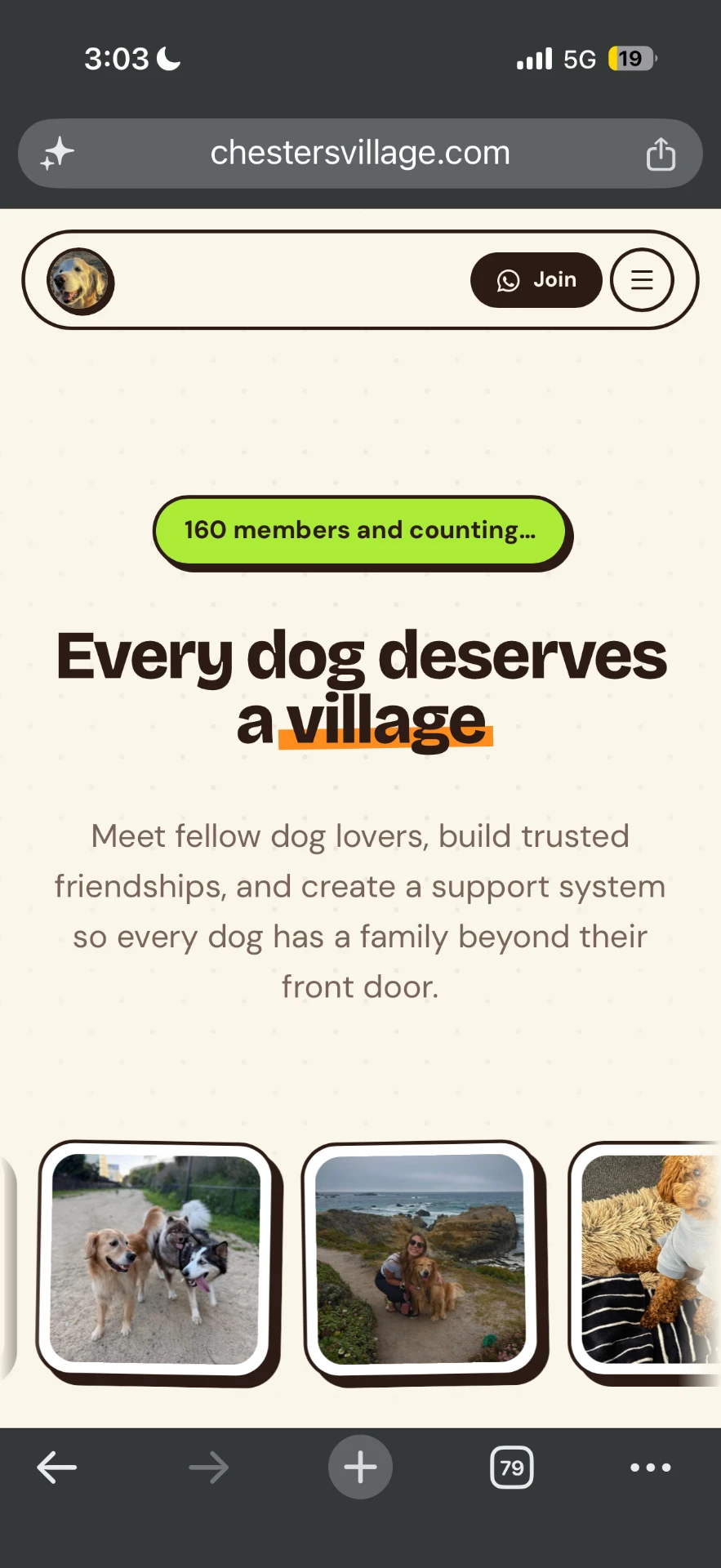 Chester's Village homepage showing the community headline and dog photos