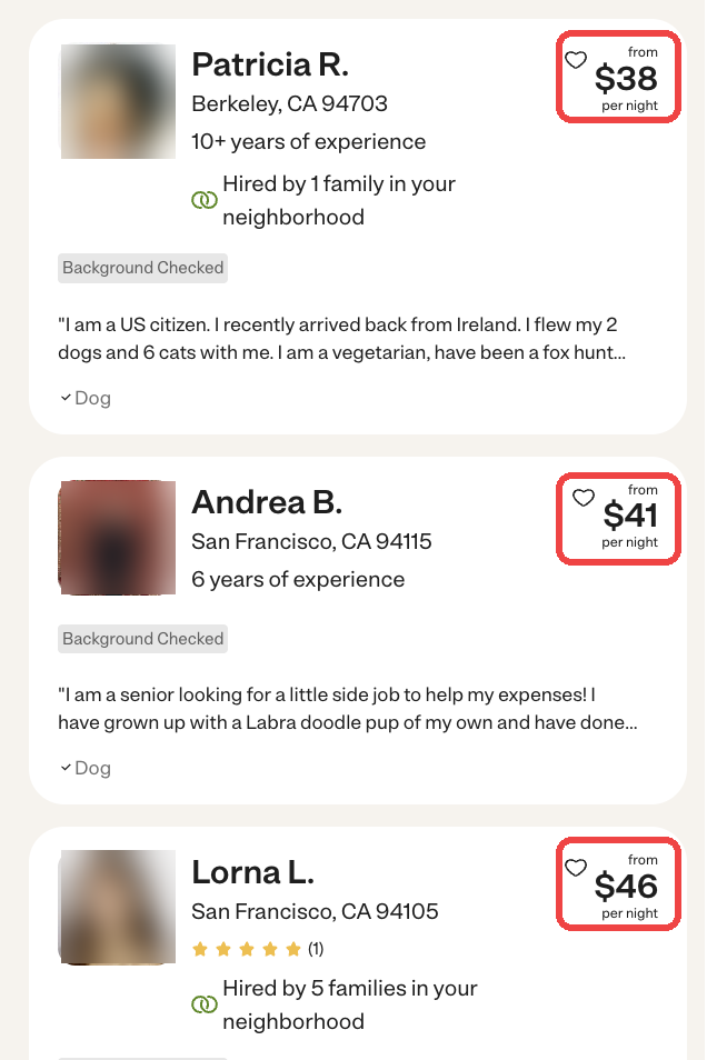 Care.com rate examples with profile photos blurred
