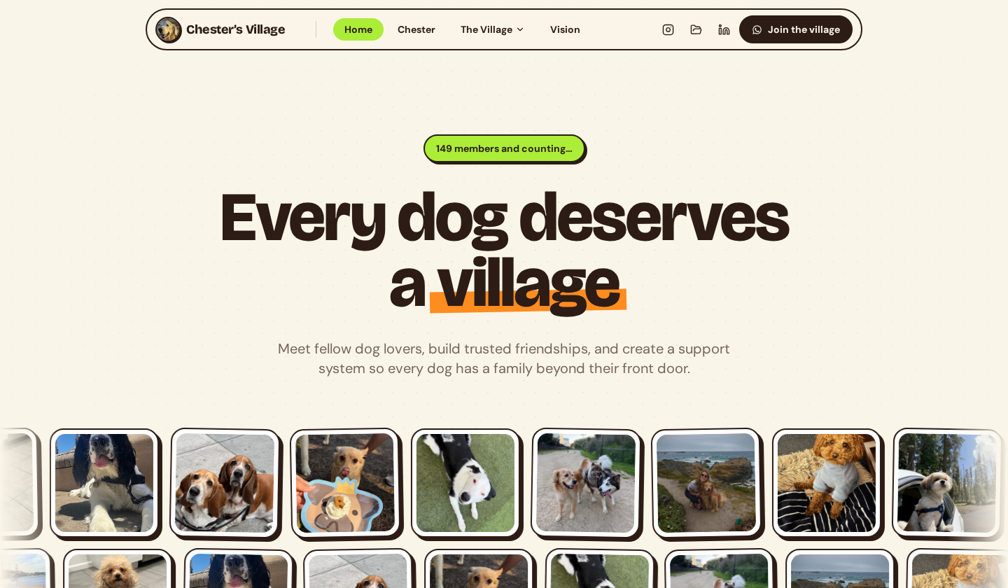 The Chester's Village homepage, reading Every dog deserves a village