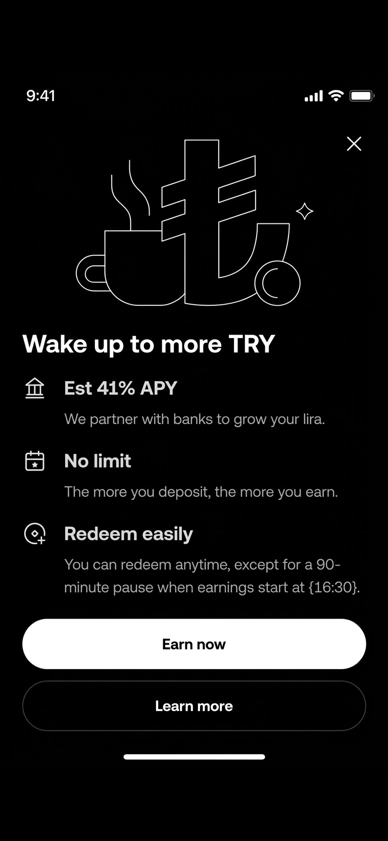 After: “Wake up to more TRY” onboarding leads with “Est 41% APY”, followed by “No limit” and “Redeem easily”