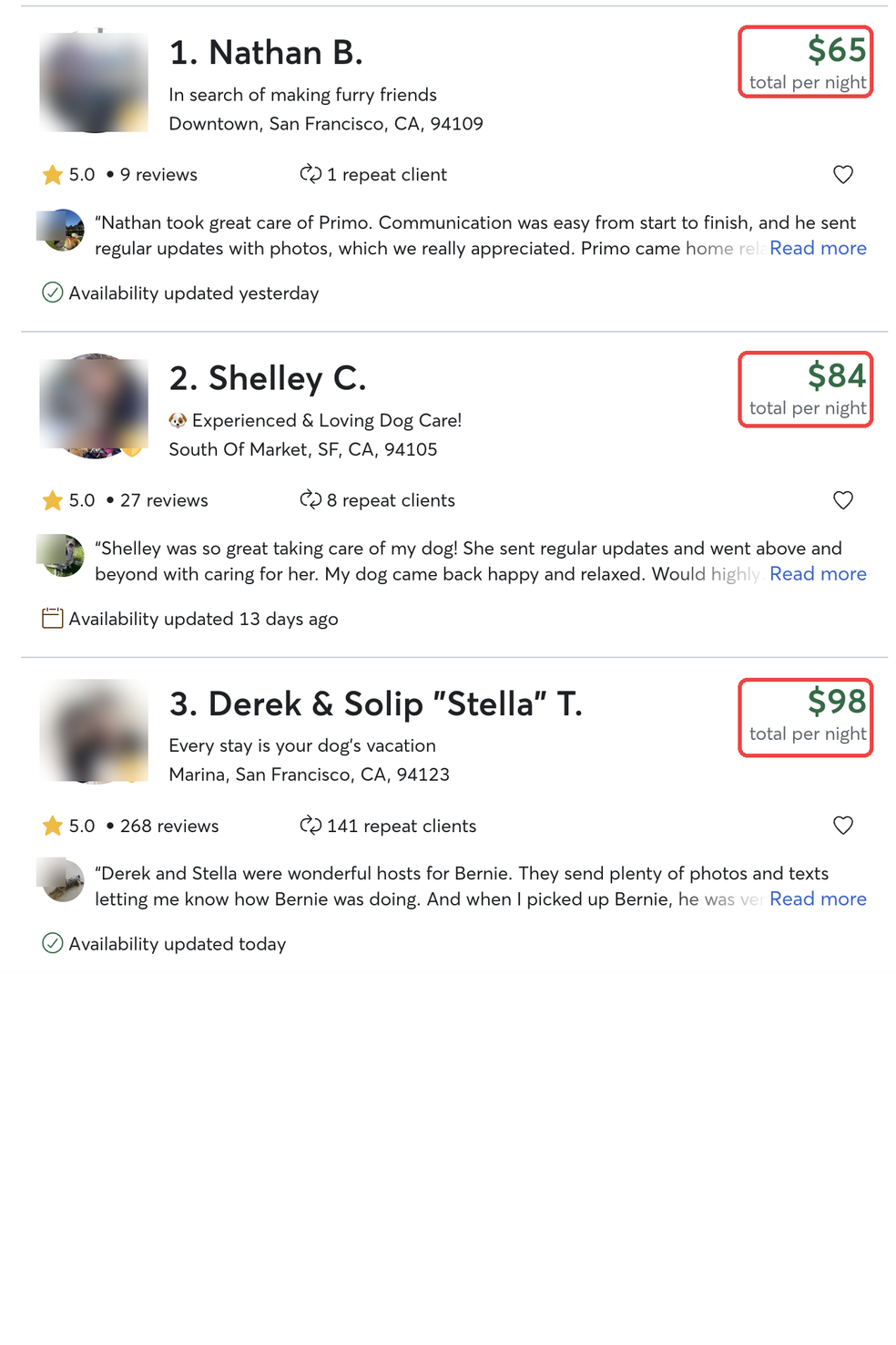 Rover rate examples with profile photos blurred