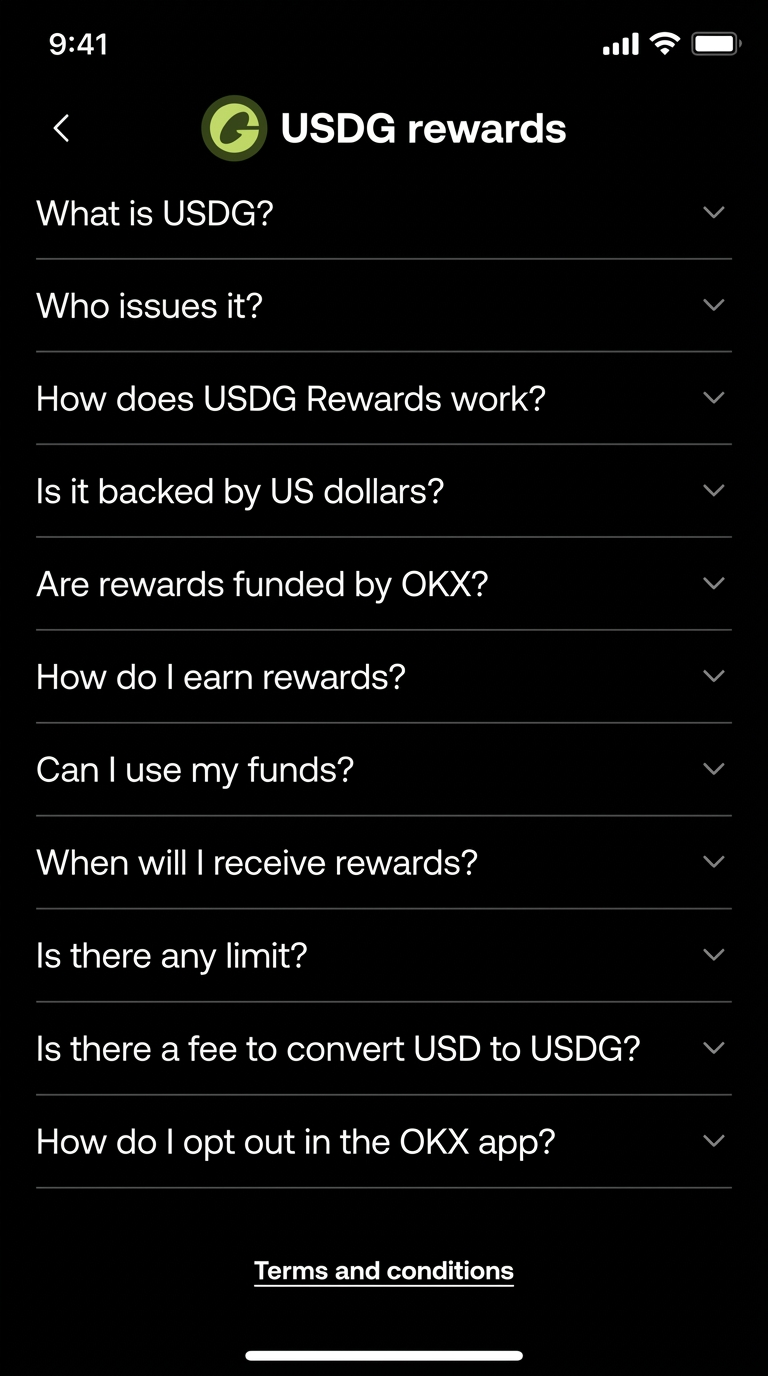 USDG rewards FAQ page listing questions users ask before opting in