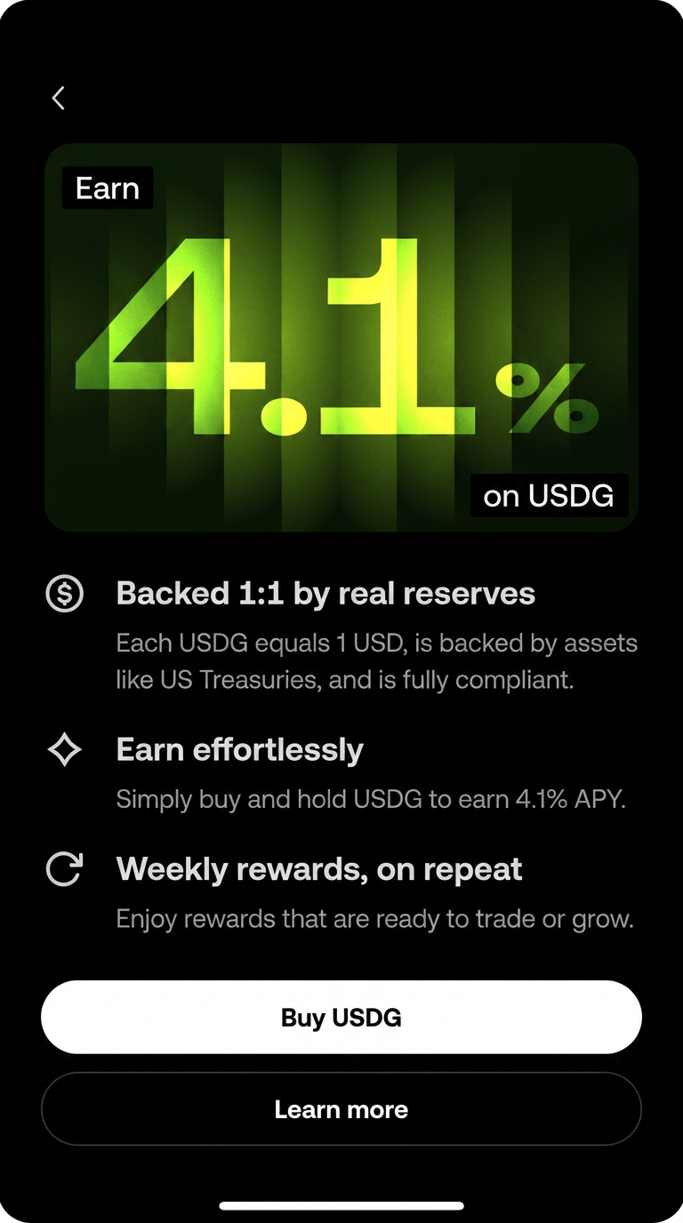USDG rewards earn screen showing 4.1% APY and reserve backing