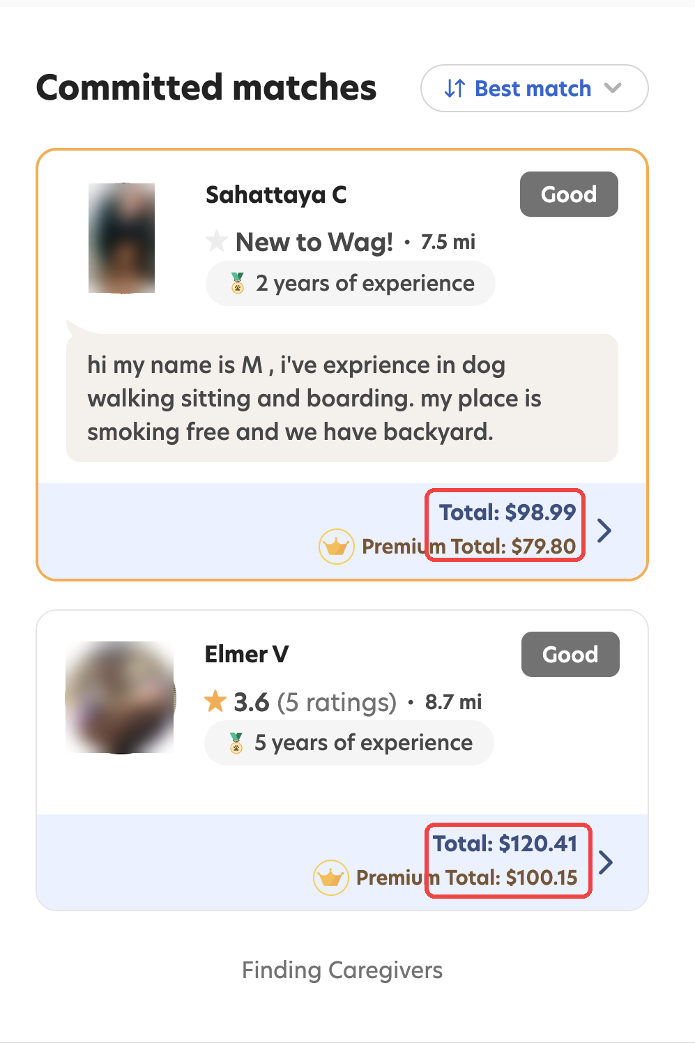 Wag rate examples with profile photos blurred